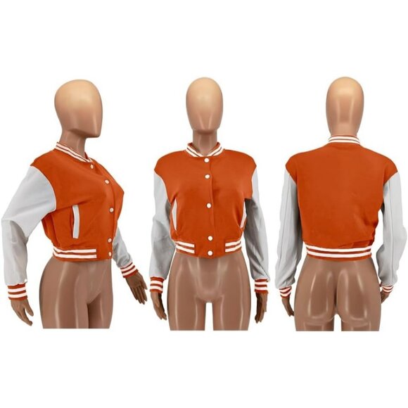 Women's Varsity Jacket Long Sleeve Button Down Bomber Jacket Streetwear Orange - Picture 4 of 4